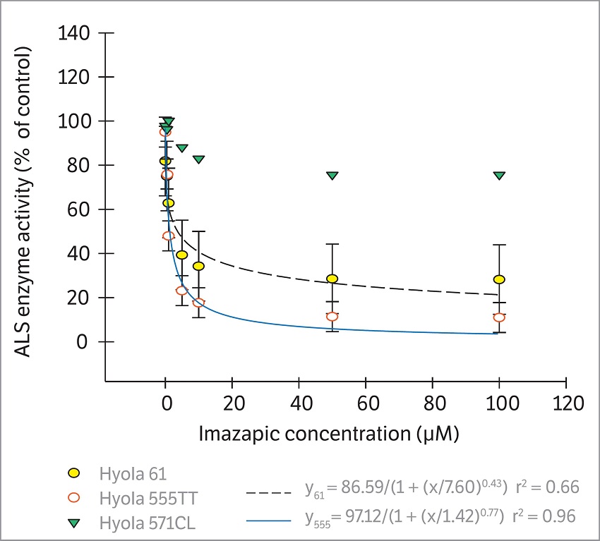 In vitro inhibition of the activity of the enzyme acetolactate synthase (ALS) in Hyola 555TT (555), Hyola 571CL (571) and Hyola 61 (61) canola hybrids by the imazapic herbicide. Passo Fundo, RS, 2014. Vertical bars represent the standard error of the mean.