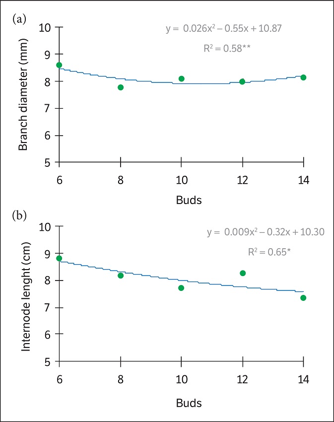 Evaluation of the effect of bud load on (a) mean branch diameter (mm) and (b) mean internode length (cm) in cv. Sugrathirteen (Midnight Beauty®) with different bud loads during the seasons 2014 and 2015, Petrolina, Pernambuco, Brazil.