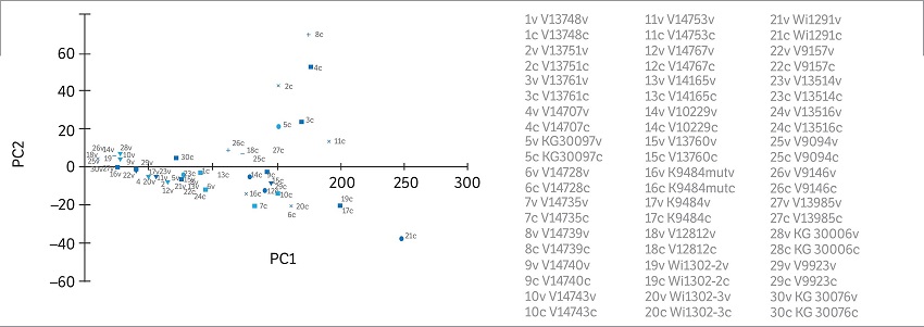 Principal component analysis of PC1 &times; PC2. 2D plot showing the distribution of greenhouse (accessions followed by the letter v) and field (accessions followed by the letter c) accessions