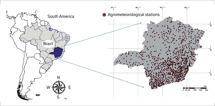 Meteorological stations used in agroclimatic zoning of the Bixa orellana L. in Minas Gerais, Brazil.