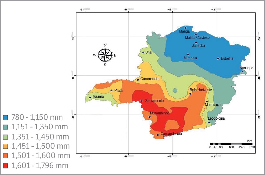 Total annual rainfall in State of Minas Gerais, Brazil.