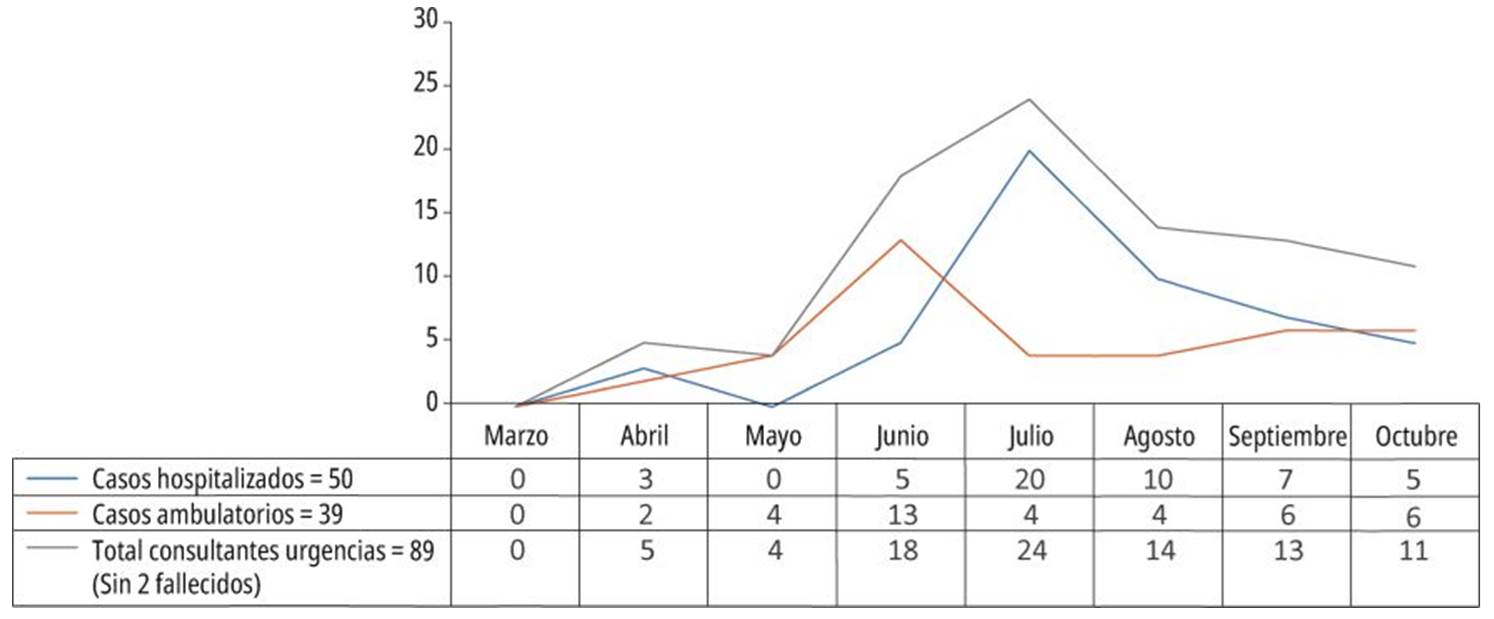 Casos por mes de los atendidos por urgencias.