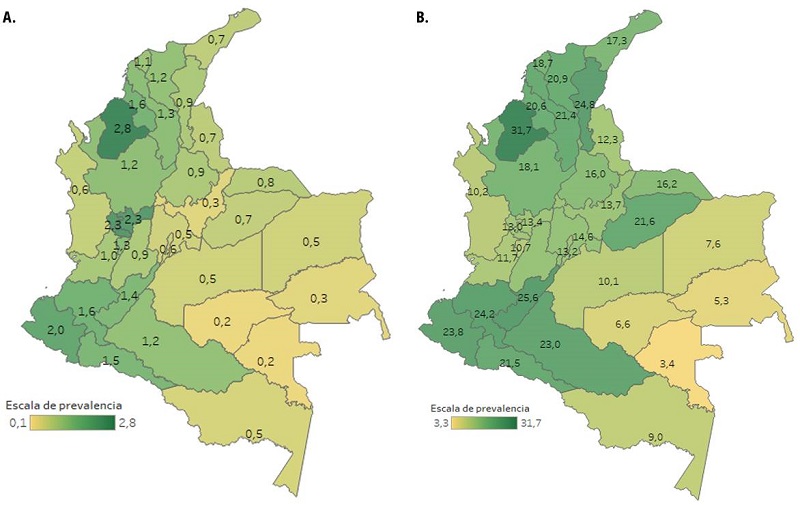 Mapas de prevalencia A. Candidiasis vulvovaginal (CIE 10 B373 y B374). B. Vulvovaginitis y vaginitis aguda (CIE 10 N760y N771), en mujeres en edad reproductiva por departamentos en Colombia, 2015-2019.