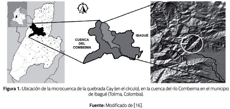 Ubicaci&oacute;n de la microcuenca de la quebrada Cay (en el c&iacute;rculo), en la cuenca del r&iacute;o Combeima en el municipiode Ibagu&eacute; (Tolima, Colombia).