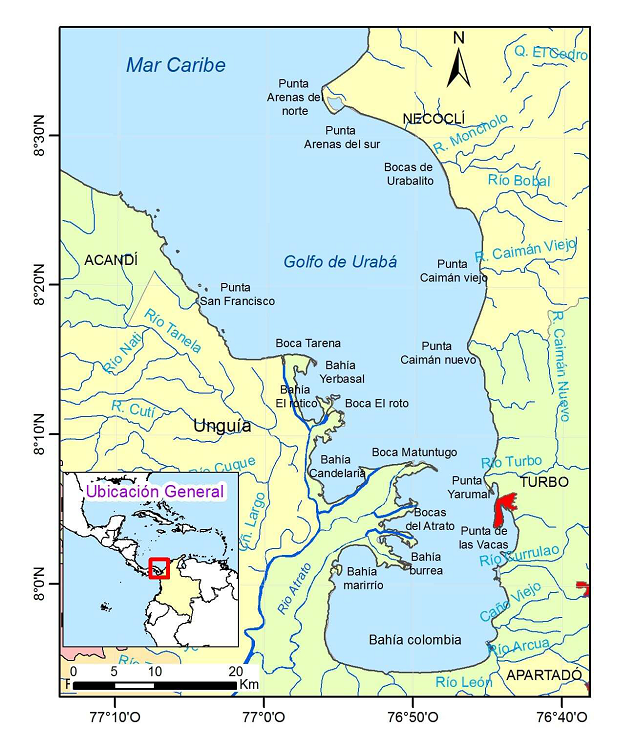 Mapa de la zona de estudio ubicada en el golfo de Urabá.
