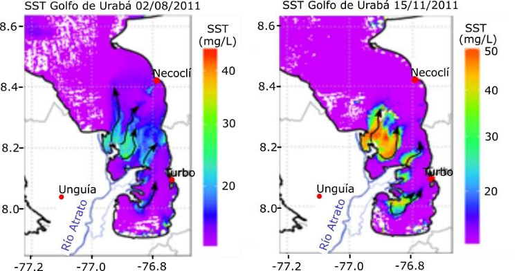 Patrones de circulación de las plumas de sedimentación que muestran tendencia a seguir una trayectoria hacia el norte del golfo de Urabá