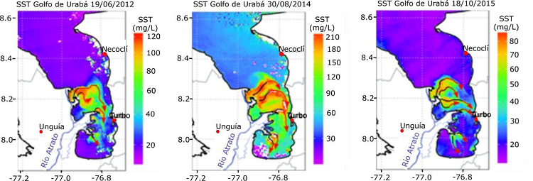 Cambio de dirección en la pluma de sedimentación debida a los vientos y fuerza del agua del rio Atrato