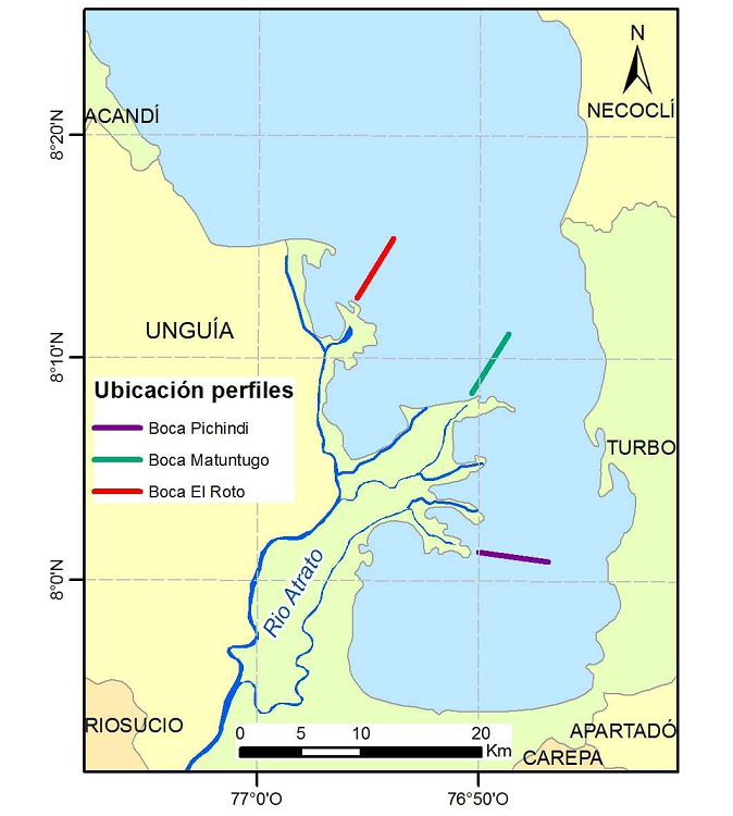 Ubicación espacial de 3 perfiles espectrales en 3 bocas de la desembocadura del río Atrato