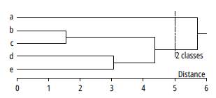 Dendrogram for a five-element space (a, b, c, d, e).