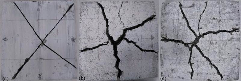 Final cracking patterns from bending tests on slabs: (a) PC, (b) RSFRC Df = 65.1 kg/m3, (c) ISFRC Df = 65.2 kg/m3.