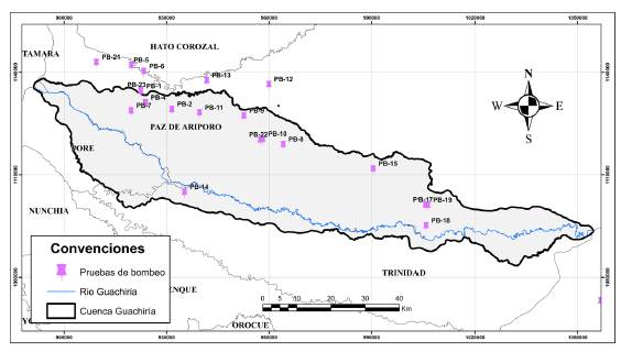 Localizaci&oacute;n de pruebas de bombeo realizadas por los autores y reinterpretadas o recopiladas de la literatura.