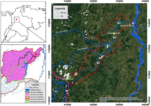Localización general de la zona de estudio: a) macroubicación, b) cuencas hidrográficas tributarias y c) tramo de estudio (los números indican la localización de las barras de sedimento muestreadas)