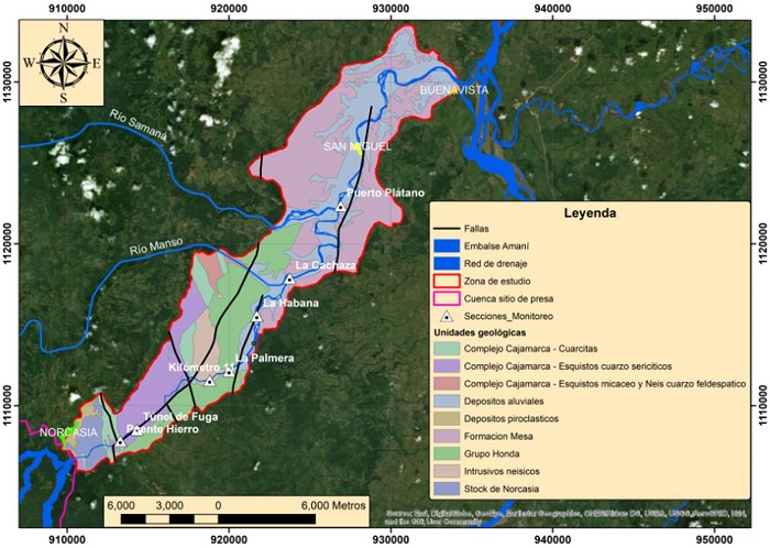 Geología de la zona de estudio y localización de las secciones de monitoreo