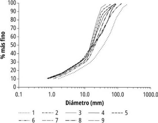 Curvas granulométricas obtenidas con el software Basegrain