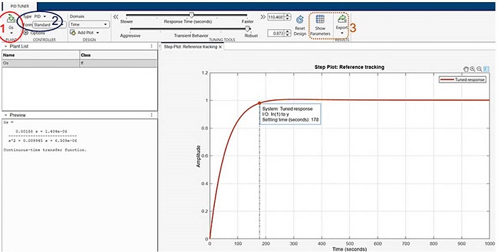 MATLAB PID Tuner configuration