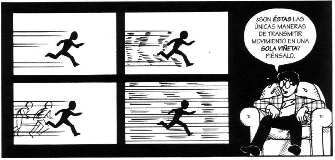 Algunas formas de representaci&oacute;n de
movimiento en c&oacute;mics, tales como las l&iacute;neas cin&eacute;ticas, descomposici&oacute;n de
movimiento, desenfoque de sujeto en movimiento o desenfoque del fondo. (Tomado
de Scott McCloud, 1995).