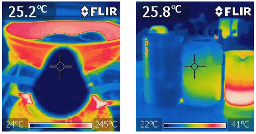 Imágenes térmicas que muestran la diferente conducción de calor en una sartén (Izq.) y en tres recipientes de materiales diferentes (Der.)