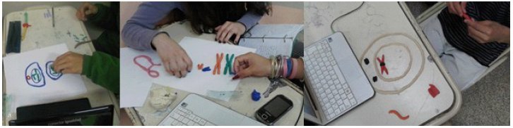 Ejemplos de diseño con plastimación realizado por estudiantes de secundaria para representar el proceso de división celular.