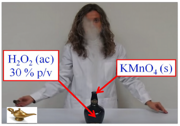 Ilustraci&oacute;n de la reacci&oacute;n redox que produce el efecto de un &laquo;genio&raquo; saliendo de una botella. Aunque la profesora que realiz&oacute; el proceso no lleva protecci&oacute;n en los ojos, se debe a que la fotograf&iacute;a se tom&oacute; extremando las precauciones. Debe procederse siempre con gafas de seguridad.