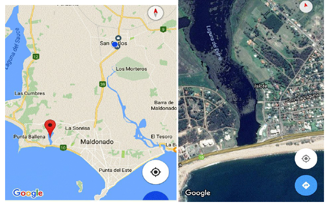 Mapa
de la ubicaci&oacute;n de la &laquo;Laguna del Diario&raquo; y vista satelital de la misma.