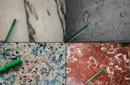  Im&aacute;genes de las rocas analizadas por los
estudiantes. En la primera l&iacute;nea, de izquierda a derecha: m&aacute;rmol bandeado y
caliza Negro Markina. En la segunda l&iacute;nea, de izquierda a derecha:
granito rosa y caliza Rojo Ere&ntilde;o