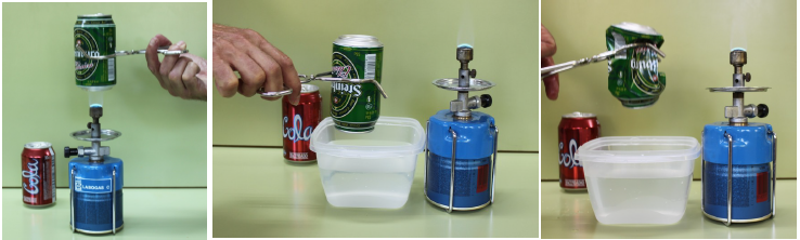 Se dispone una pequeña cantidad de agua en el interior de una lata de refresco y se calienta hasta que salga abundante vapor (izqda.). A continuación, se invierte la lata y se introduce rápidamente en un recipiente con agua fría (centro). Al condensarse el vapor de agua que llena la lata, la presión se hace prácticamente nula en el interior de la misma y resulta aplastada por la presión externa (dcha.).