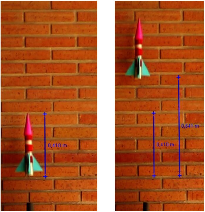 Imágenes de dos fotogramas sucesivos del vídeo (separados por un intervalo de 0.020 s), grabado a 50 fps, correspondiente al lanzamiento de un cohete. Con la herramienta de Tracker denominada Calibration Stick se puede establecer una correlación entre los valores reales y sabiendo que el tiempo trasncurrido entre estas dos imágenes es de 0.020 s, es inmediato el cálculo de la velocidad del cohete.