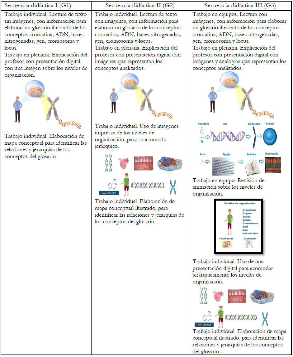 Descripci&oacute;n de los recursos representacionales empleados por los alumnos en la actividad 1, que abord&oacute; el tema Organizaci&oacute;n de la informaci&oacute;n gen&eacute;tica.