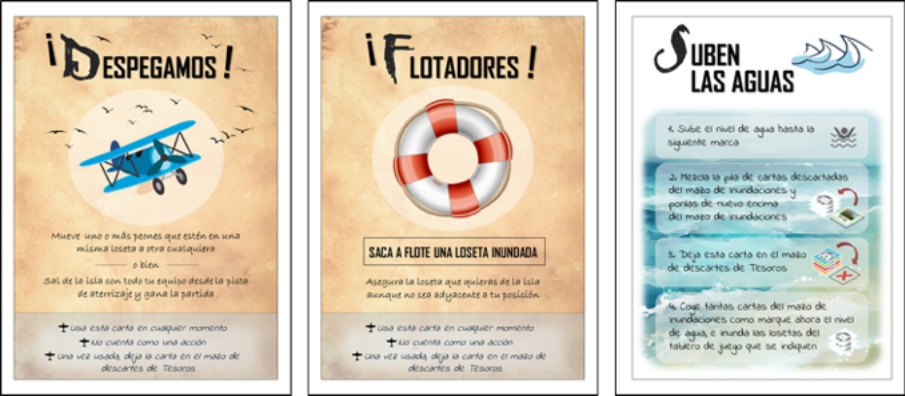 Cartas especiales, dise�adas para el recurso educativo, que se encuentran dentro del mazo ODS: i) Despegamos; ii) Flotadores; y iii) Suben las aguas.