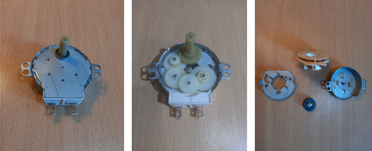 Izquierda: motor cuyo eje de salida otorga bajas RPM (con gran torque). Centro: Se observa el tren de engranajes para la reducción (el pequeño engranaje en el centro se encuentra vinculado al rotor). Derecha: Elementos del motor (se quitaron los engranajes), arriba se observa la única bobina, abajo el rotor.