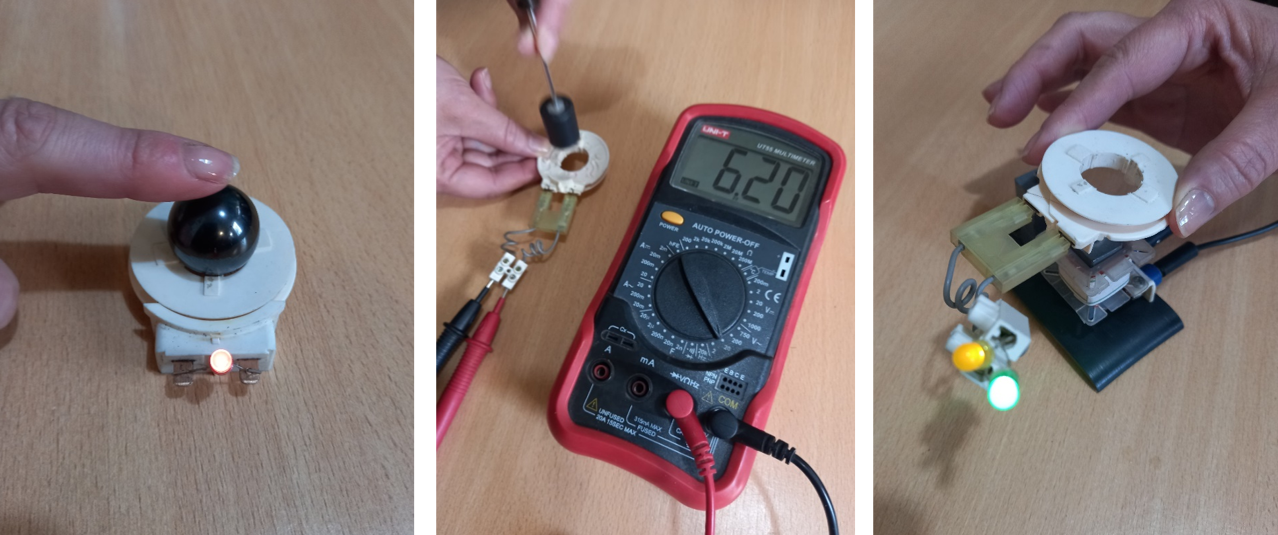 Izquierda.: Rotación manual de un imán esférico sobre la bobina con la que se consigue el encendido de un led. Centro: Movimiento rápido de un imán y tensión obtenida en el multímetro. Derecha: Encendido de dos leds con la bobina por medio del campo magnético variable de un transformador de núcleo abierto.