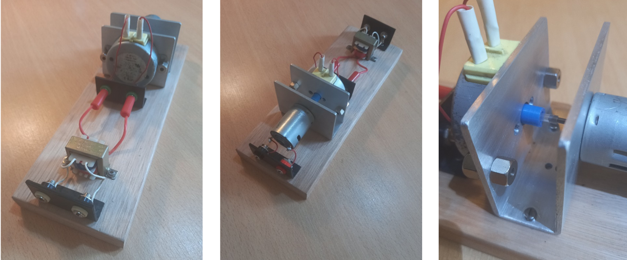 Montaje del dispositivo que vincula ambos motores donde se aprecia el transformador para lograr un bajo voltaje. Izquierda: vista desde el lado del MHM. Centro: Vista desde el lado del motor de CC. Derecha: Detalle de la unión entre los ejes (es preferible cierta elasticidad en la unión por si no se logra total alineación).