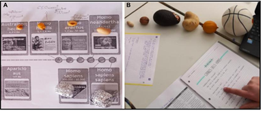 Ejemplos de las producciones de los estudiantes de la actividad G (Galera de Homnidos), calificadas con el nivel 1 (A) y el nivel 4 (B) de imaginacin