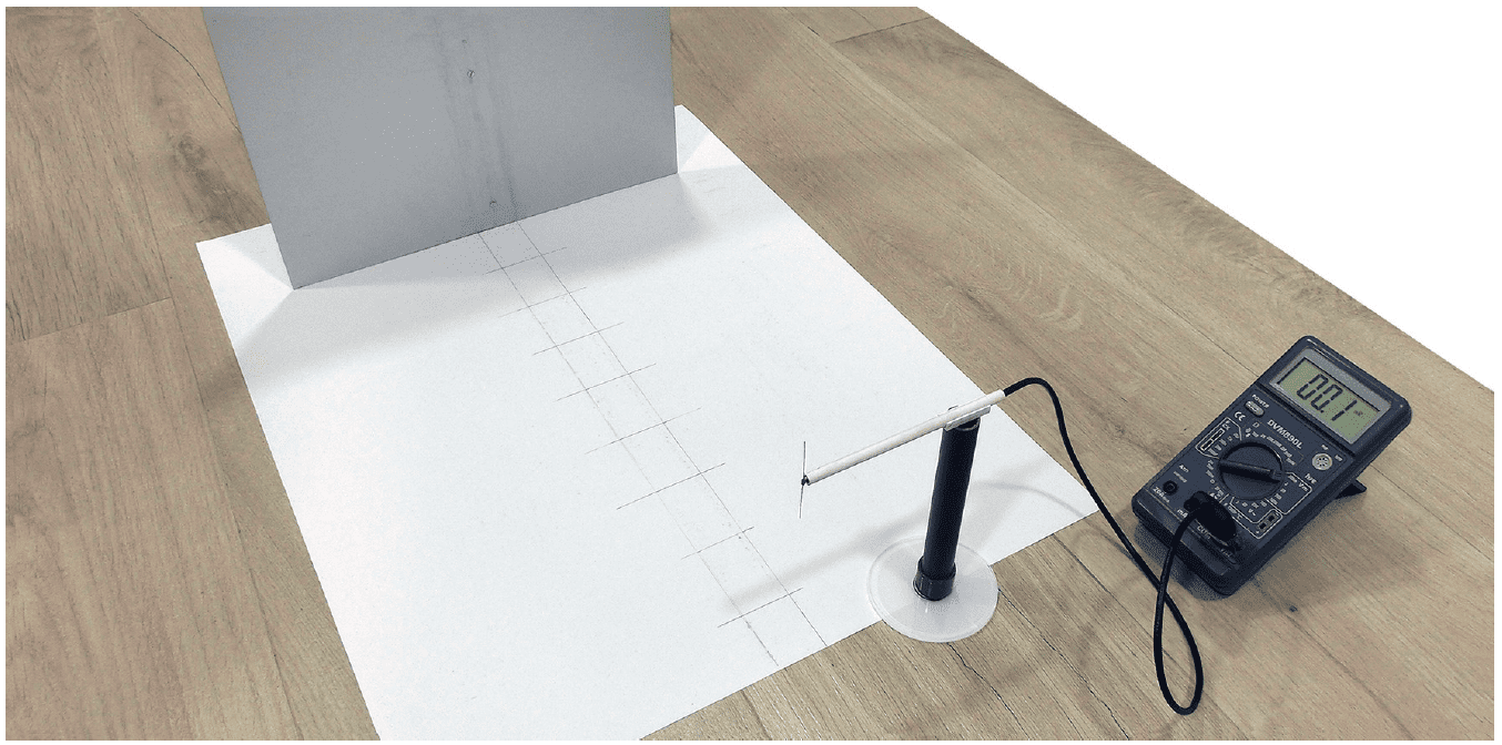 Mientras la pantalla va alej�ndose de la antena, existen posiciones en las que el volt�metro da una medida pr�cticamente nula. Esas posiciones, que corresponden a los nodos de la onda estacionaria, se se�alan sobre la escala de papel.  