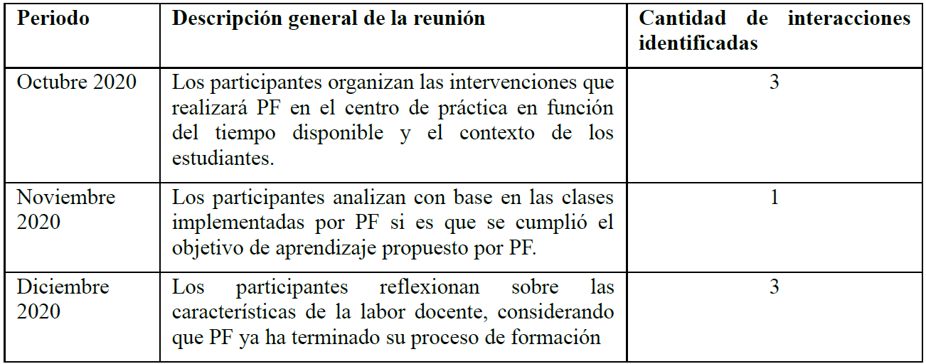 Descripci�n general de las reuniones desarrolladas por los miembros de la tr�ada formativa