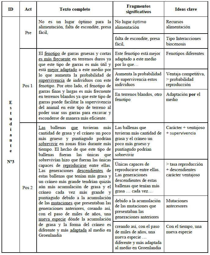Ejemplo del proceso de fragmentación y primera codificación de las producciones de un estudiante