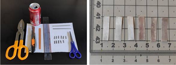 Izquierda: materiales y herramientas utilizadas para producir los electrodos de aluminio. Derecha: apariencia final de los electrodos de aluminio.