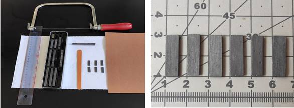 Izquierda: materiales y herramientas utilizadas para producir los electrodos de grafito. Derecha: apariencia final de los electrodos de grafito.