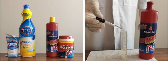 Izquierda: productos caseros utilizados para preparar el electrolito. Derecha: el electrolito se prepara adicionando 8 gotas de la disoluci�n de NaOH al 50% a 10 mL del blanqueador.