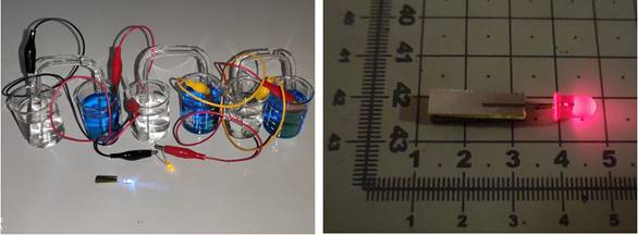 Izquierda: Comparaci�n entre tres celdas de Daniell conectadas en serie y la celda galv�nica propuesta. Derecha: Apariencia del sistema celda-led propuesto.
