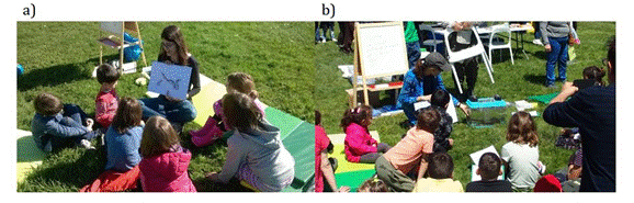 a) Variante Base del cuento usando slo las lminas DIN A3. b) Variante Con acuario en el que se muestra un acuario con una anguila durante el relato (fotografas: Dolors Vinyoles).