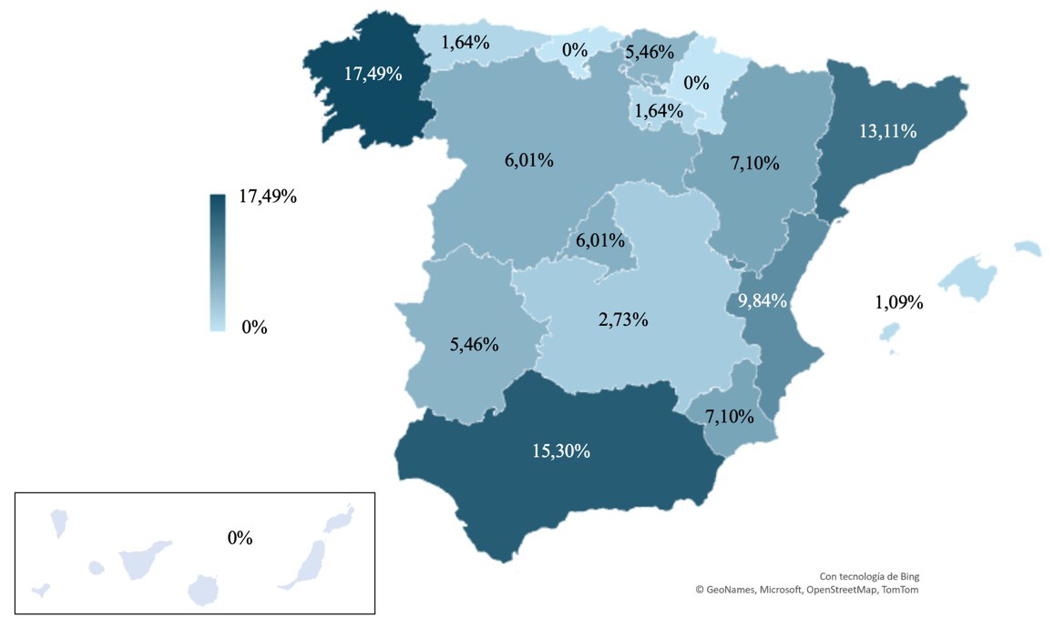 Mapa de Espa�a indicando la contribuci�n al porcentaje de autor�as de cada comunidad aut�noma. 