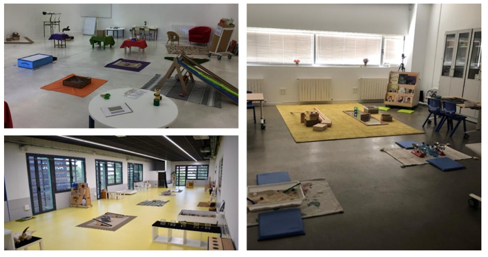 Fotografías de los espacios Lab 0_6 (abajo, izquierda), Espacio Natura (arriba izquierda) y ALICYA (derecha). Nótese que las propuestas son diversas en cuanto a los materiales y los fenómenos que presentan, aparecen delimitadas espacialmente y son de acceso libre por los cuatro costados.