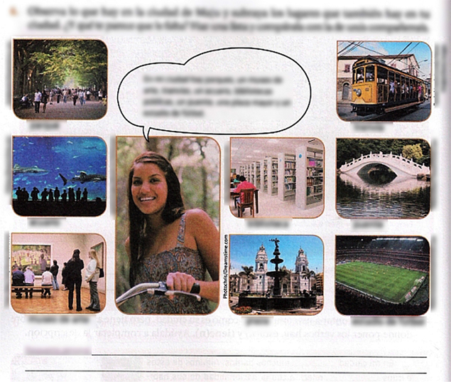 Ejemplo de tarea contextualizada con el uso de una fotograf&iacute;a de un personaje
junto con otras fotograf&iacute;as de lugares y de un medio de transporte. (Observaci&oacute;n: hemos aplicado filtros a la imagen de la p&aacute;gina
de forma intencional para borrar detalles de los textos y atender solo al dise&ntilde;o
general de la actividad)