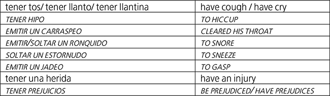 Colocaciones del verbo tener y
otros con sustantivos de reacciones f&iacute;sicas, se&ntilde;ales superficiales y
pensamiento.