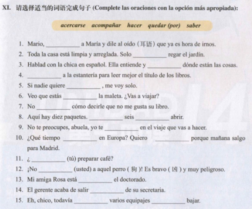 Ejercicio XI de la unidad 13 de Español Moderno 1.