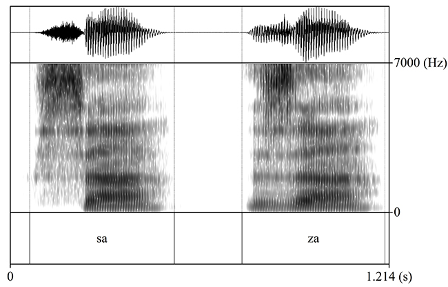 Espectrograma de la realización fricativa alveolar sorda [s] a la izquierda y sonora [z] a la derecha, donde se aprecia la sonoridad en la zona de frecuencias bajas.