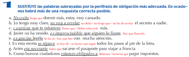 Ejercicios sobre las perífrasis verbales de obligación en Marín, Morales y de Unamuno (2013: 20).