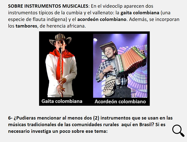 Fragmento de la secuencia did�ctica donde se llama la atenci�n a algunos instrumentos musicales t�picos que aparecen en el videoclip versi�n en pdf.