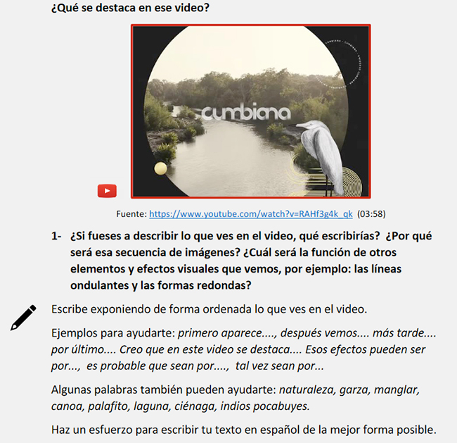 Actividad inicial de la secuencia did�ctica 2 donde se pide una producci�n escrita m�s compleja describiendo el performance video de Cumbiana.